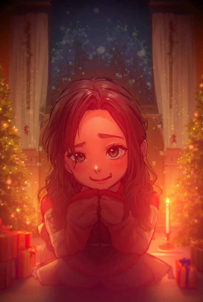 Anime happy young woman celebrating Christmas with her daughter