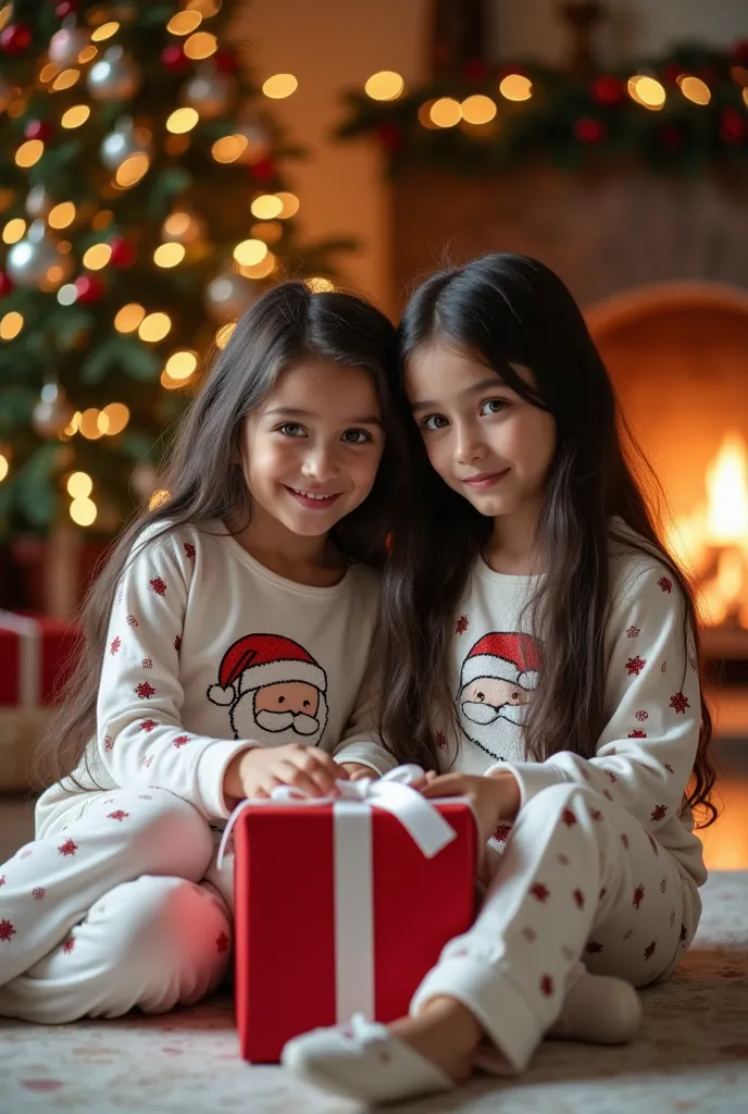 create the day image of two sisters , , two little  girls, light green eyes , very long black hair, , lips with gloss, long natu...