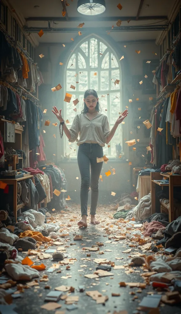 a messy environment ,  like a room full of scattered clothes and paper ,  magically transformed into a clean and organized space...