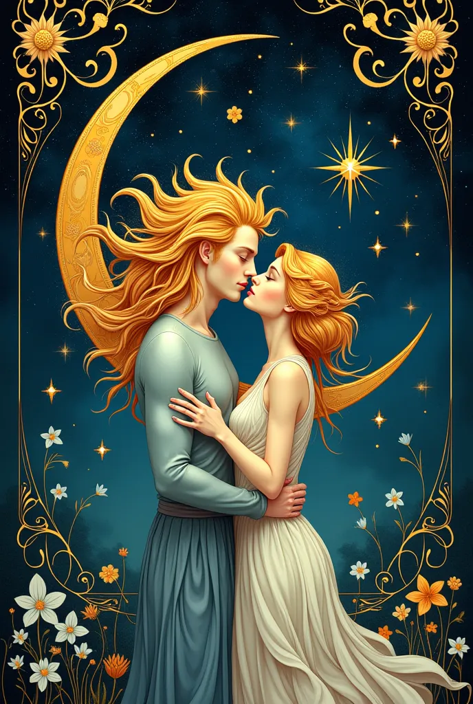 art nouveau style in the deep blue sky full of stars , with human faces ,   the male golden sun and the female silver moon kiss ...