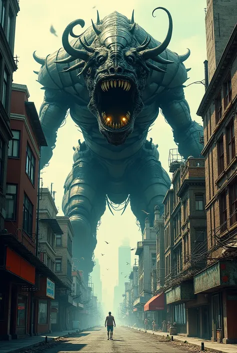 a giant monster in the street, blend of comic book and giger art style