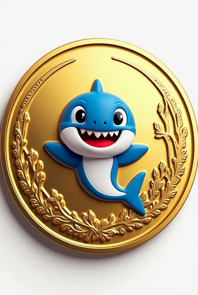 create a gold coin with the image of a baby blue shark coin
 smiling in the center