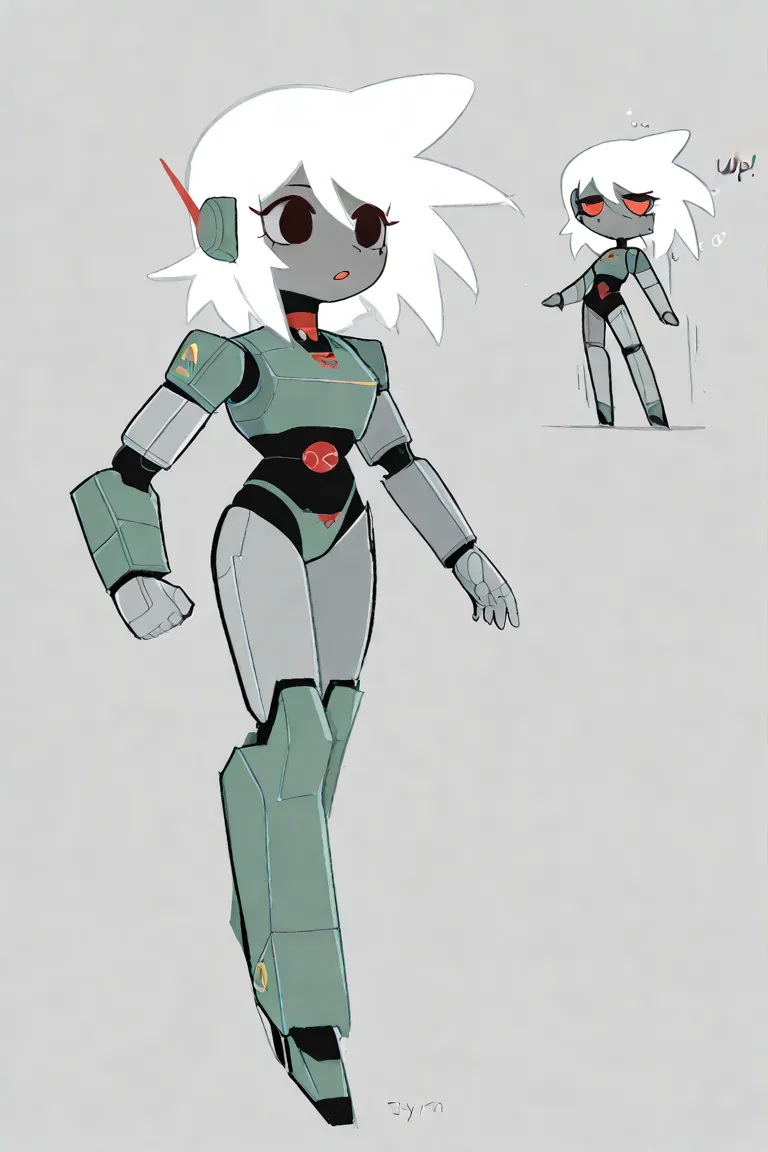 robot, grey skin, ,   white hair,  tsyrk, has , android,