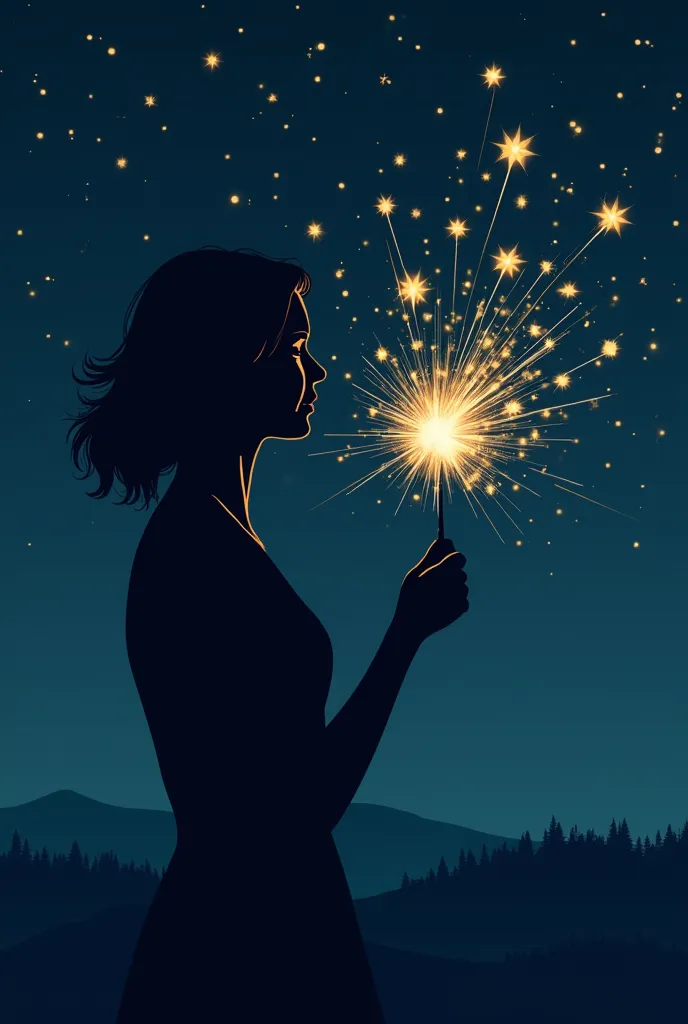 minimalist color illustration with fine lines , showing the silhouette of a woman holding a new year's flare that emits bright f...