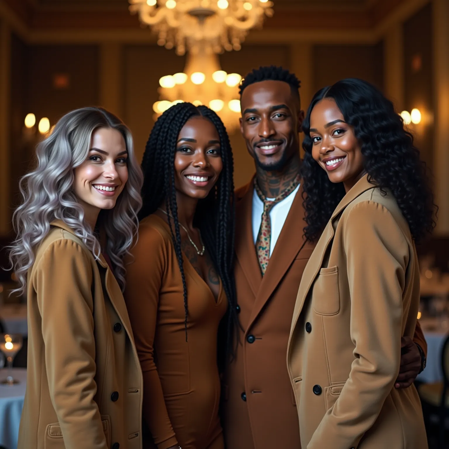 a shot of four people looking at the viewer smiling, an interracial couple that has a 20 year old white caucasian woman with lon...