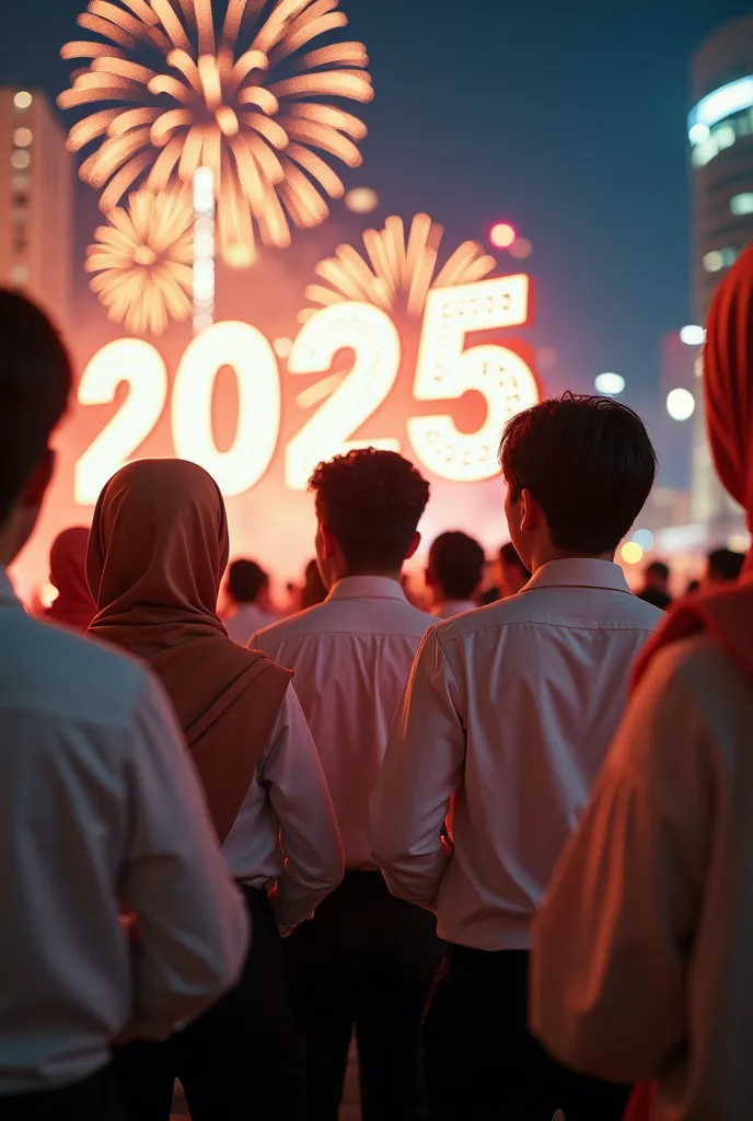 photo of korean hijab beauties and handsome guys wearing white shirts again on new year's eve at night there is a post "happy ne...