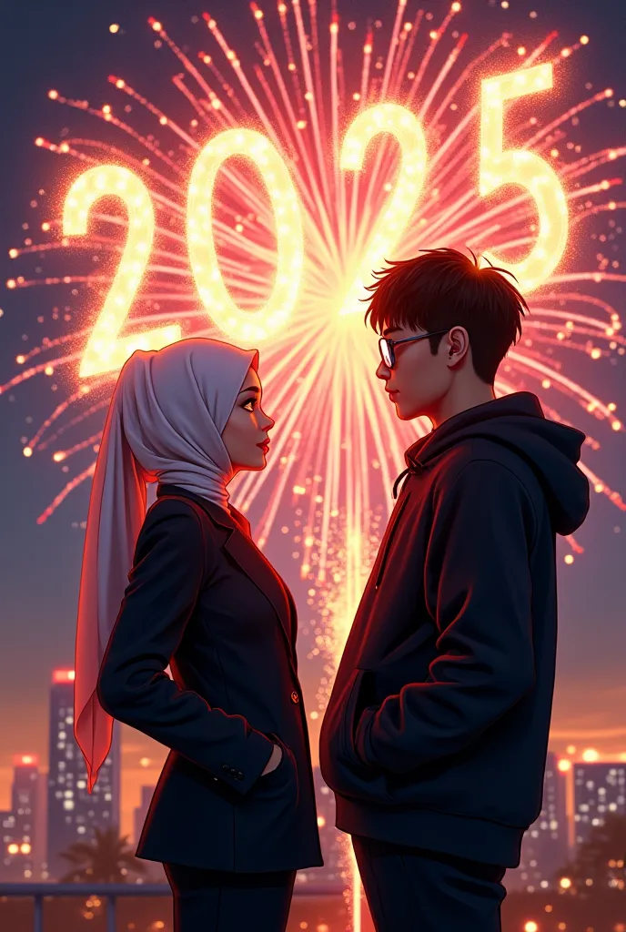 a woman in a white red hijab wears a black tomboy suit and a korean man in handsome glasses wearing a black hodie lights firewor...