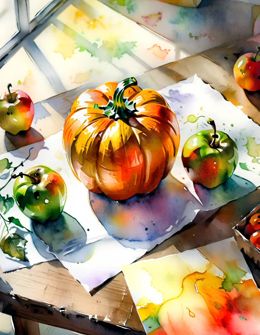 wrapping paper color  ,  blurred background  , sfumato watercolor  , starkly .  still life pumpkin on table , apple, pear, peppe...