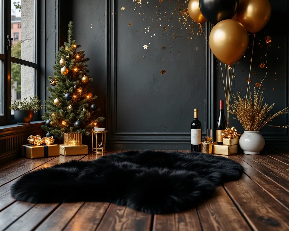 a studio setup for new year with a color theme of black and gold, extremely detailed interiors of black and gold presents, party...