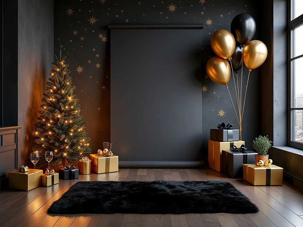 a studio setup for new year with a color theme of black and gold, extremely detailed interiors of black and gold presents, party...