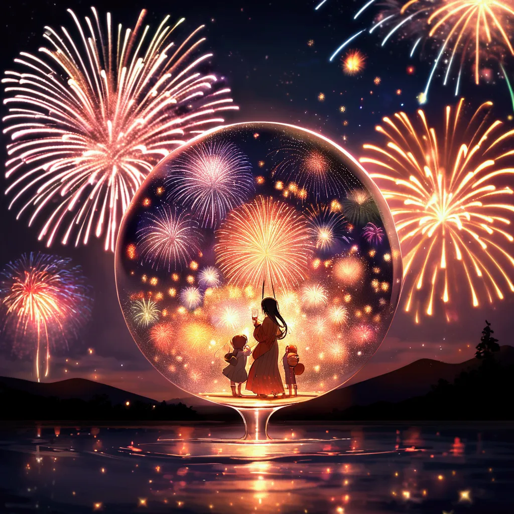 ((firework)), no background, a glass sphere containing fireworks inside, spherical firework, complex and shining atmosphere, mag...