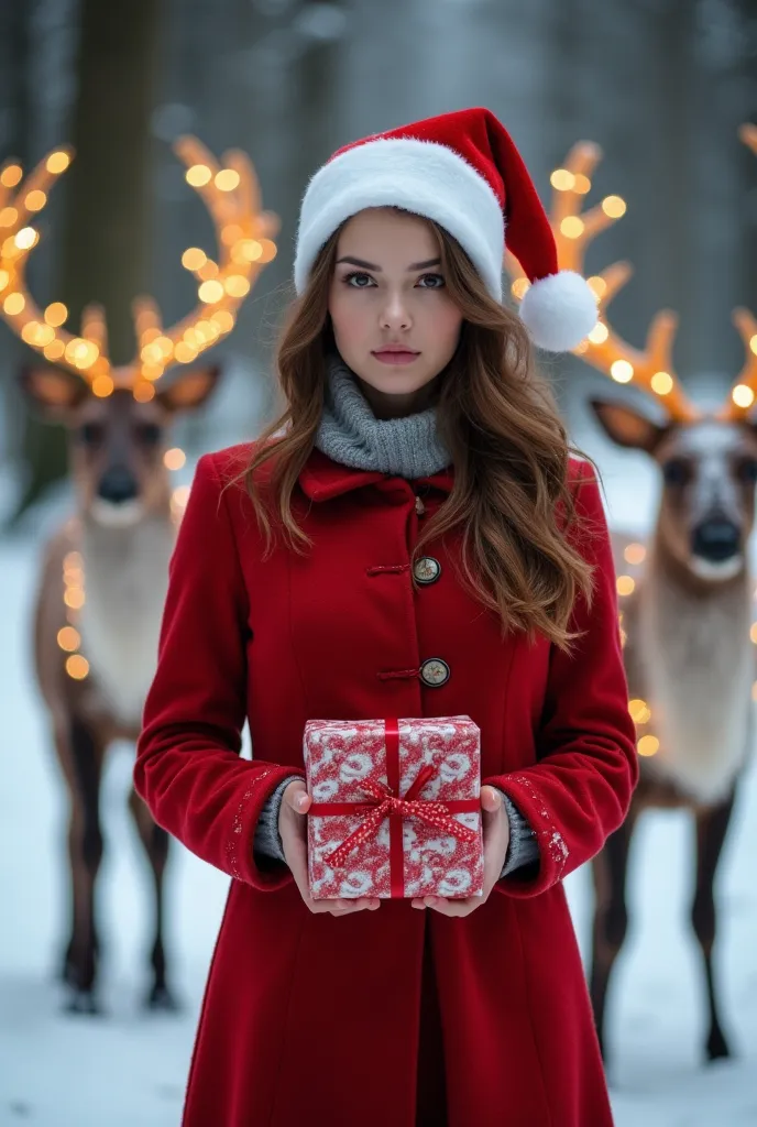 the image shows a young woman wearing a red dress and a santa hat. she is standing in a snowy forest with two reindeer in the ba...