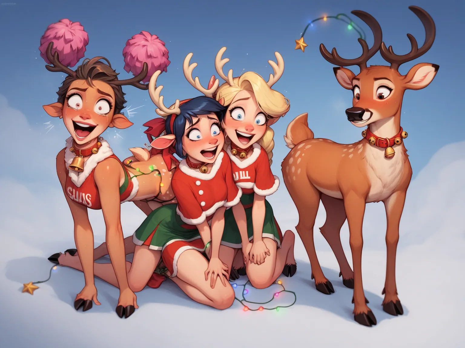 a trio of mischievous cheerleaders are being transformed into christmas reindeer after trespassing into the north pole. deer ant...