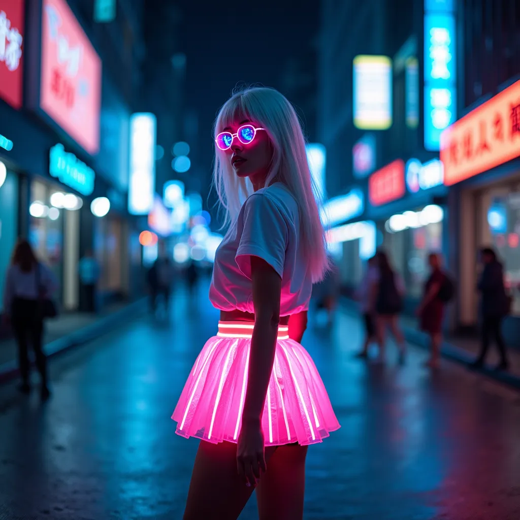 full body shot,beautiful woman wearing neon light skirt, shirt and sunglasses、 street of darkness 、neon cyberpunk at night 、 coo...