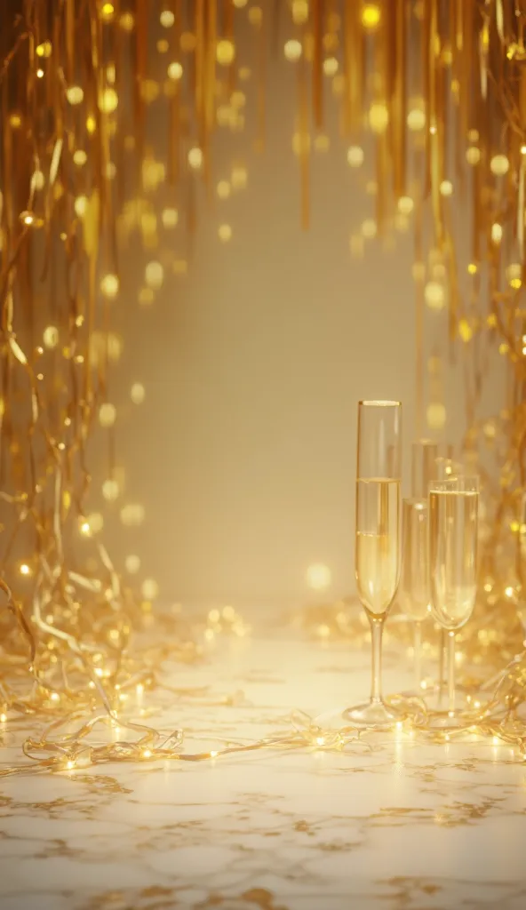 design a luxurious happy new year theme with a marble backdrop adorned with cascading golden streamers, glowing fairy lights, an...