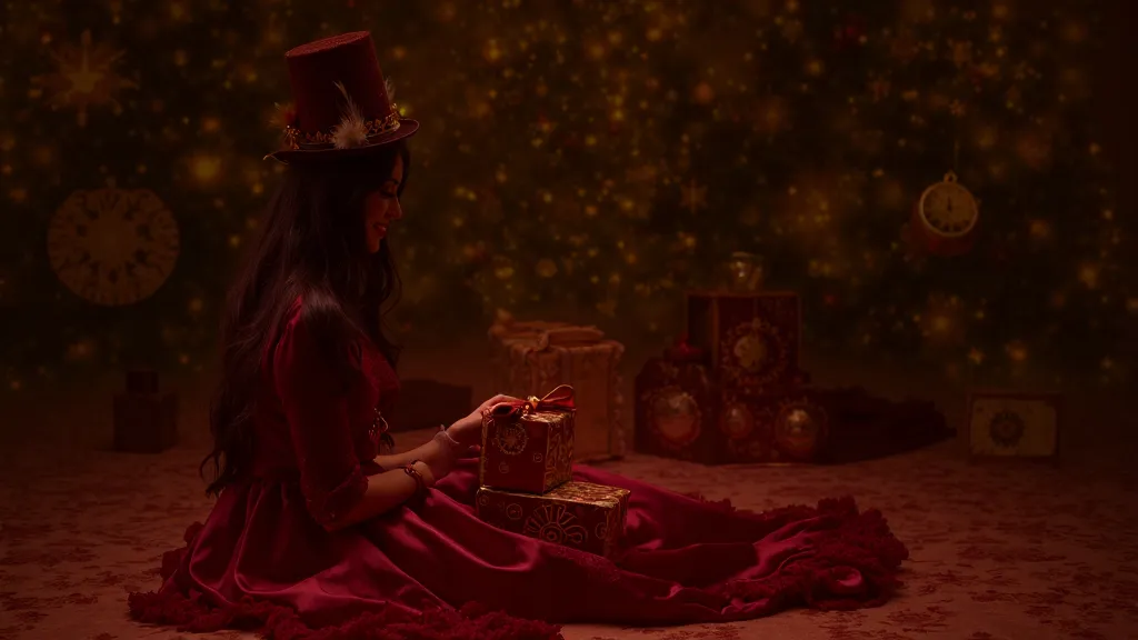 create a scene featuring a woman sitting on a plush, vintage carpet in front of a beautifully decorated christmas tree. she has ...