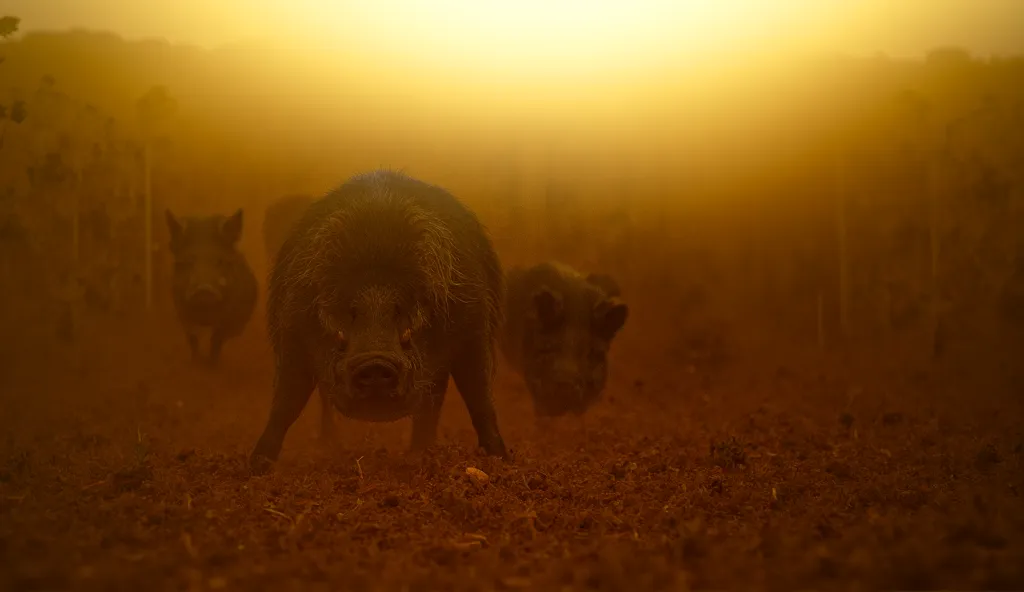 hyper-realistic, photo, realism, cinematography, 8k, extreme detail
a group of wild boars roams through a sprawling vineyard at ...