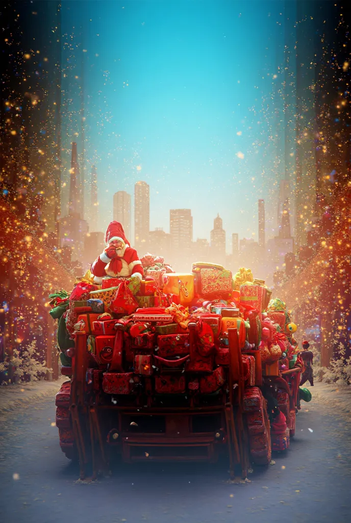 its christmas, city is all decorated with chritmass decorations. santa is driwing tractor in road towinf sleight full of colorfu...