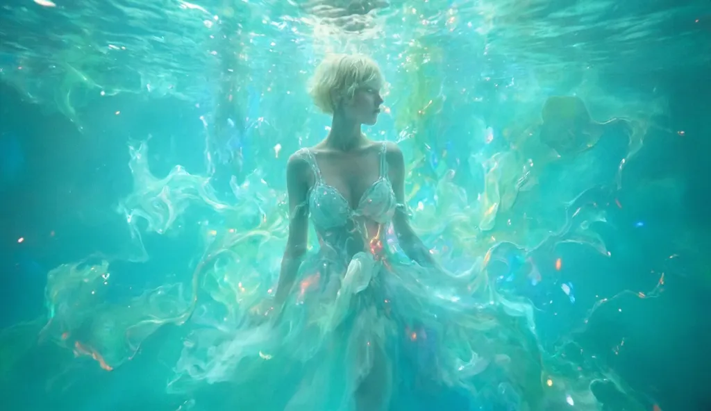 a serene young woman with short blonde hair dissolves into a kaleidoscope of liquid colors in an underwater world. she is portra...