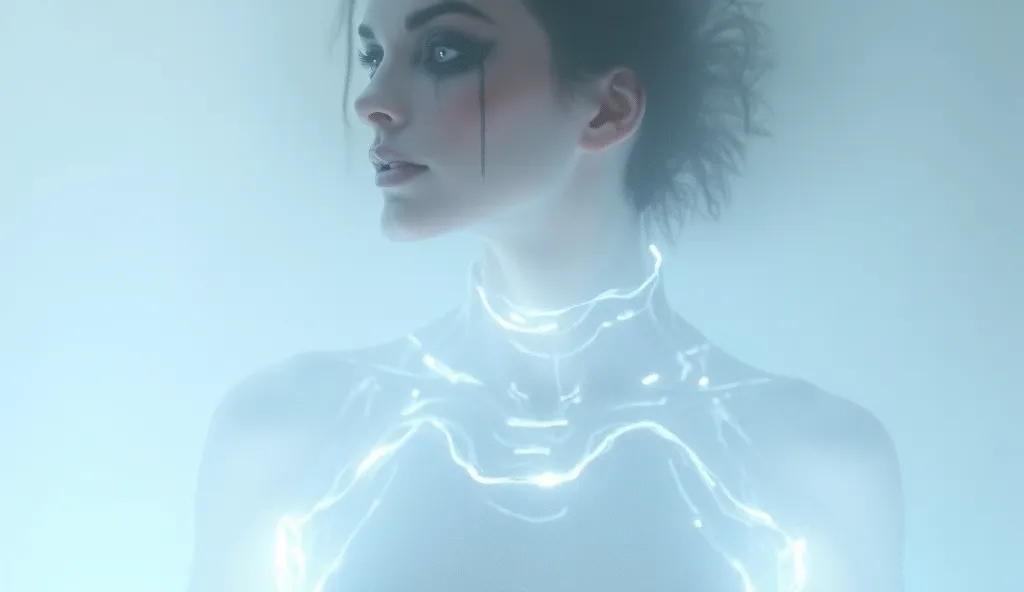 "a futuristic fashion model wearing a sheer, transparent top embedded with glowing fiber-optic threads,