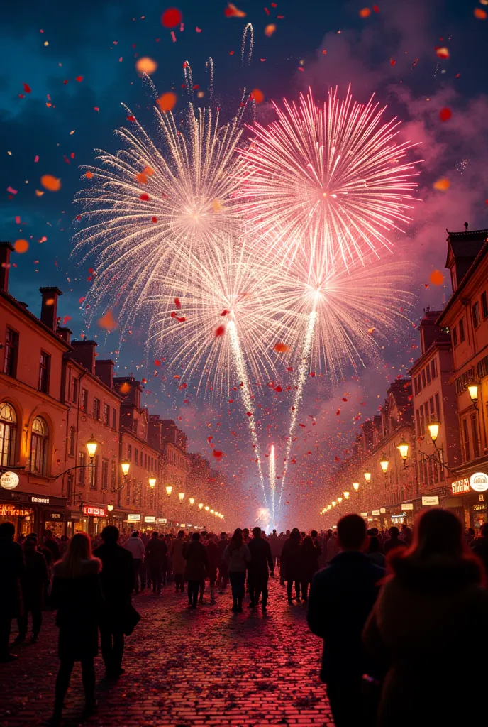 new year eve celebration, people gather in squares or bars, colorful confetti falls from the sky accompanied by fireworks and ch...