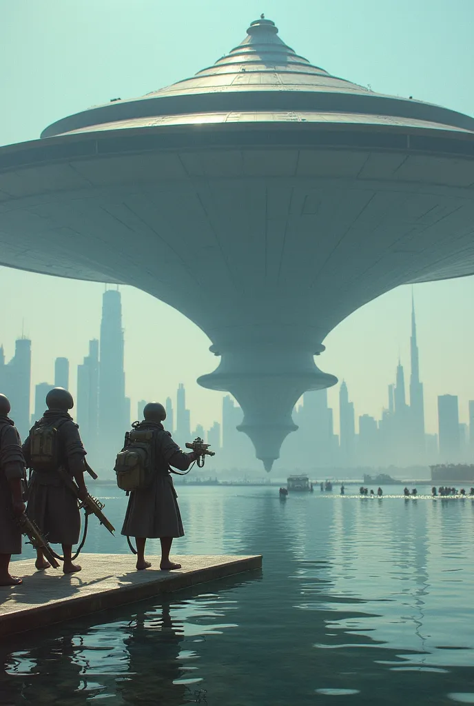 a giant space ship landing near dubai fountain and small grey aliens coming out of it with weird weapons