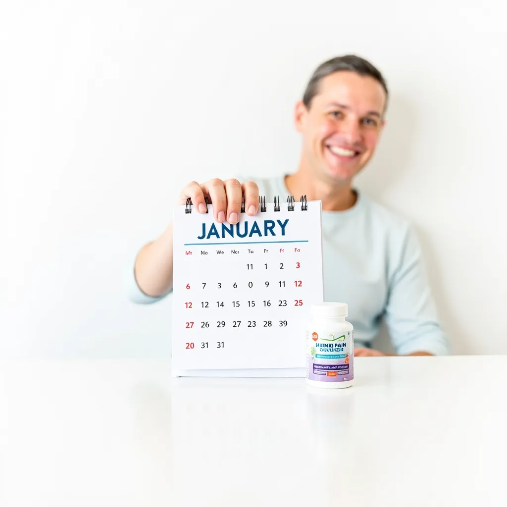 a calendar page flipping to january with a smiling, active person in the background and a product placed nearby  (full white bac...