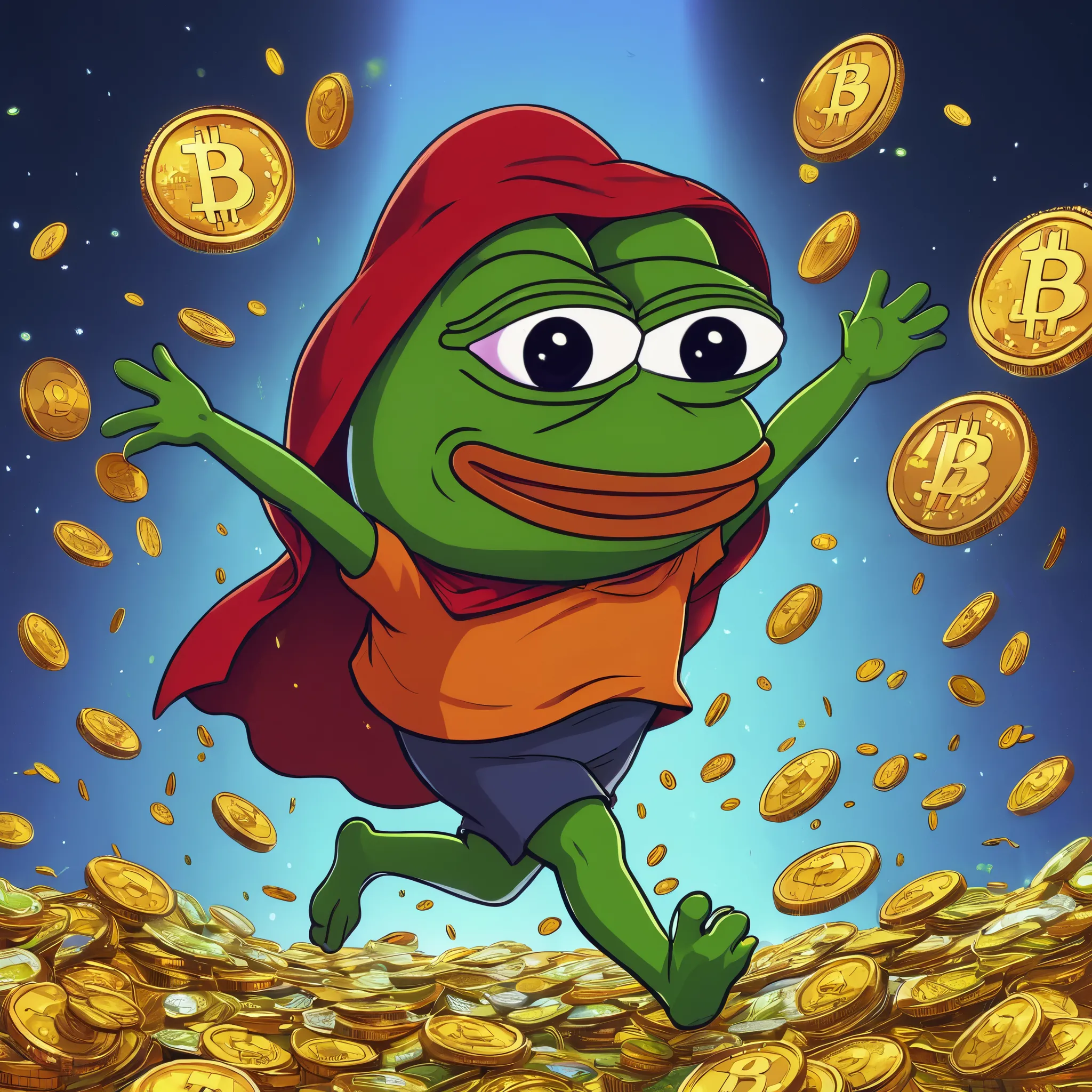 cartoon pepe ，peperfrog ，with a cape，running with coins , ultra flat ,   pepe the super rich frog,  export bitcoin scattered aro...