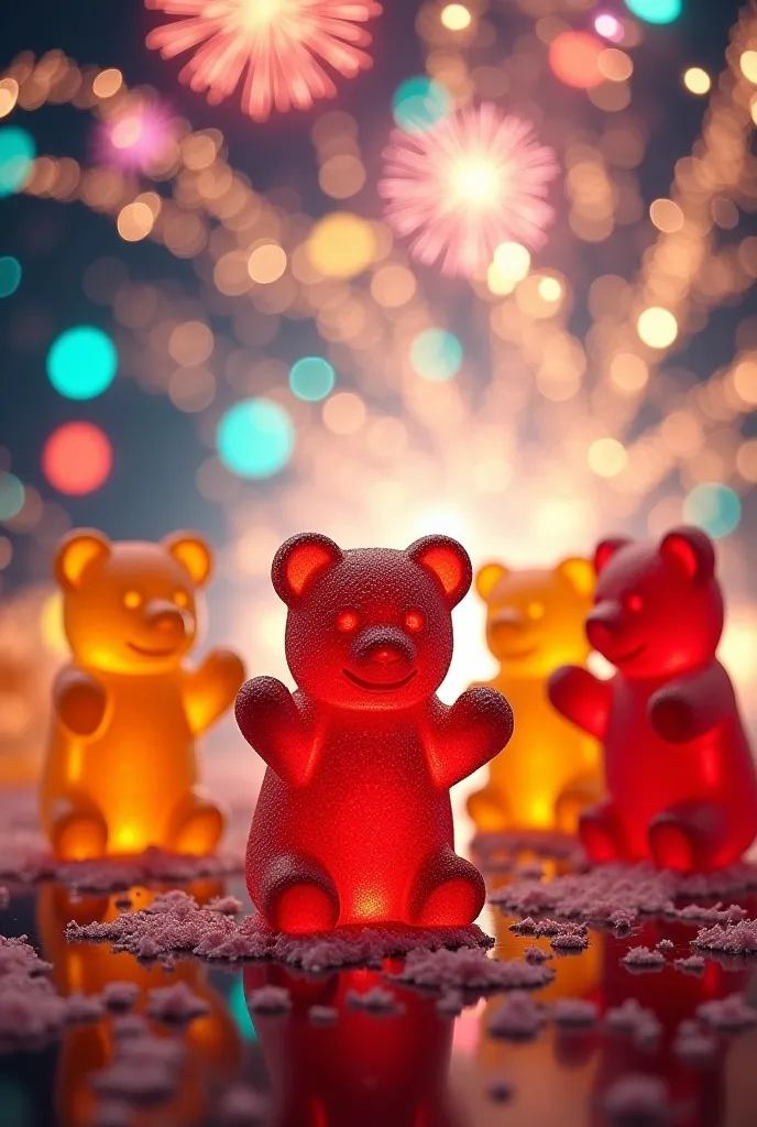 gummies as teddy bears and fireworks and champagne in the background