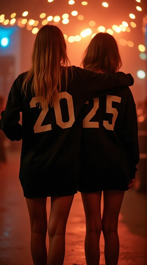 2025 new year eve party, 2 girls in black cotton sweater, bare legs are celebrating