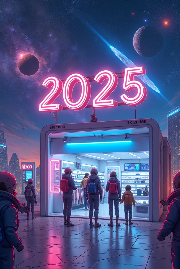 happy new year 2025 drawing intergalactic background and technology store