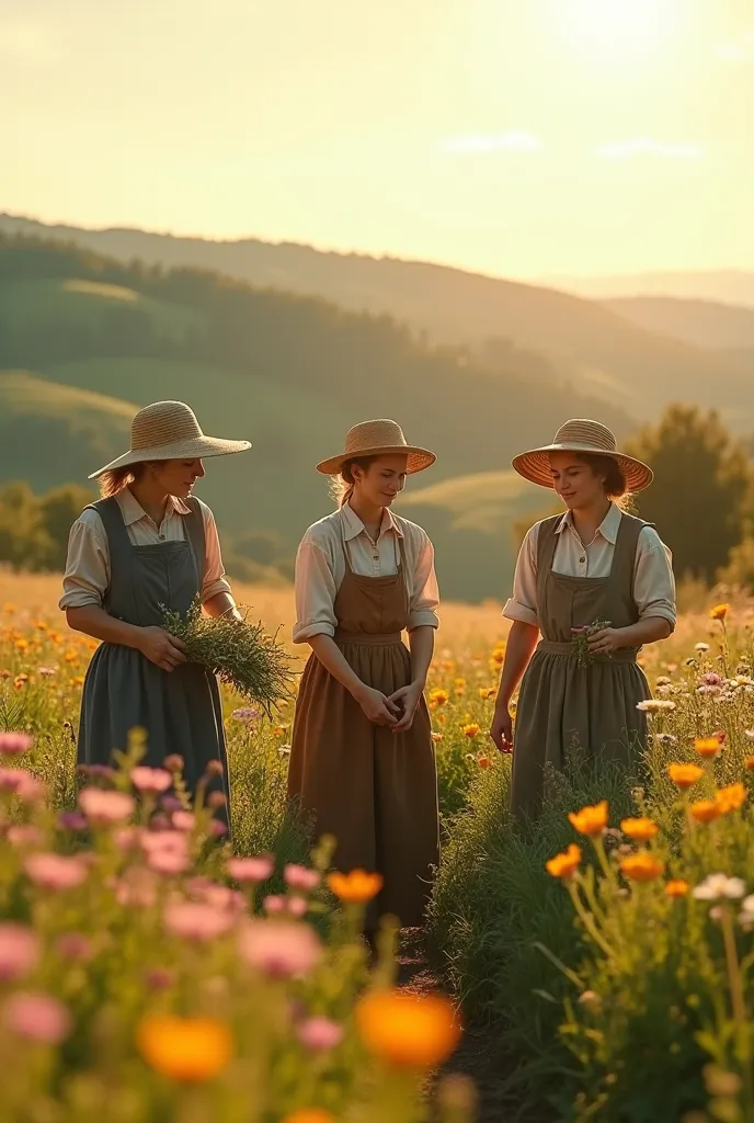 3 peasant women in hats, picking flowers, realistic, midday sun,  cinematic, 8k, rendering