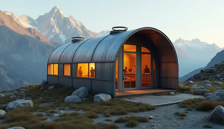 a hostel made entirely of aluminum,  the roof of the half-barrel , it's not new , it's a bit mistreated , in a high mountain are...