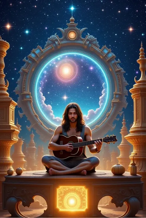 a surreal and magical scene of a man playing a guitar, where the music creates a parallel universe and plane of existence. the m...