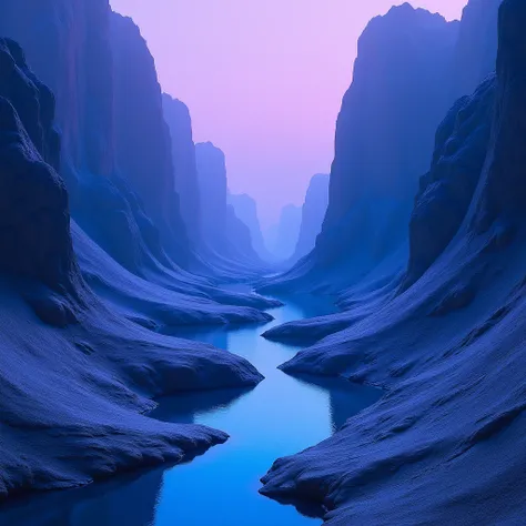 the image depicts a surreal landscape with a color palette dominated by shades of blue and purple. it appears to be a mountainou...