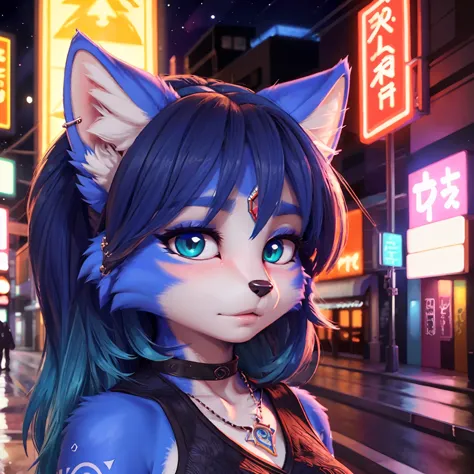 a portrait of  ((krystal)), star fox-krystal, lovable, green eyes, ((( long blue hair 1 .3))), decollete, anthro, fuzzy,  detail...