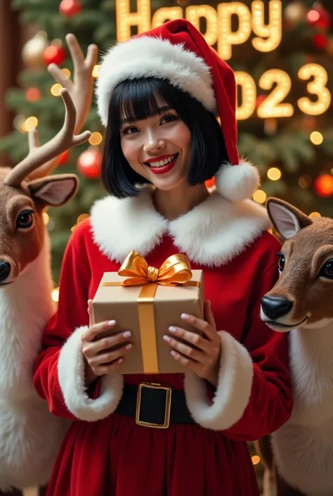 a stunningly beautiful asian woman with short bob black hair dressed as santa, holding a gift box. she is flanked by two reindee...