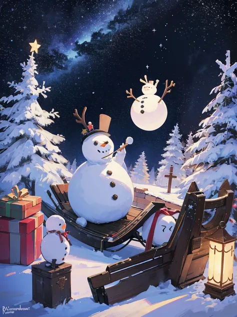 A Snowman in Space, Universe, Christmas Tree, Sleigh, Raindeer, Snowflakes, Without Any Single Person, Dark Mood, Dark Lighting,...