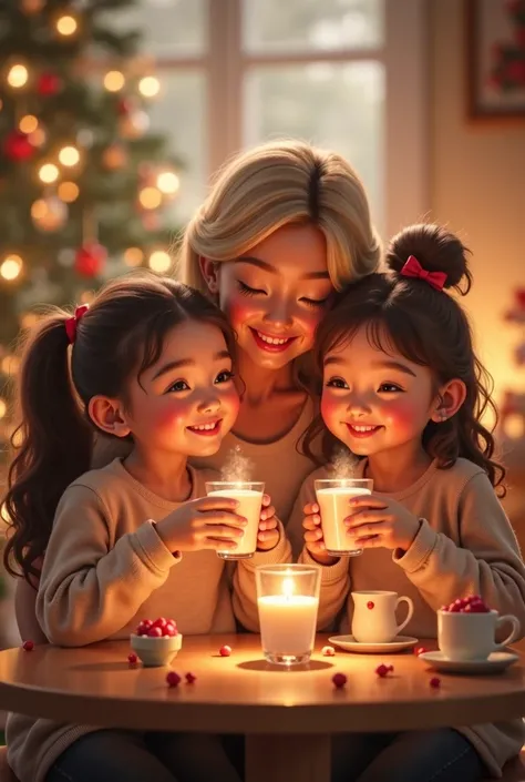 Two girls, one blonde and one brunette, The brunette is missing a tooth,  drinking milk in small glasses, at Christmas ,  smilin...