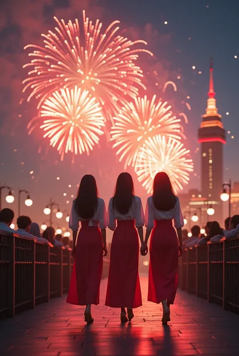 Making beautiful Korean women walk forward while watching fireworks welcoming New Years Eve wearing neat but elegant clothes 