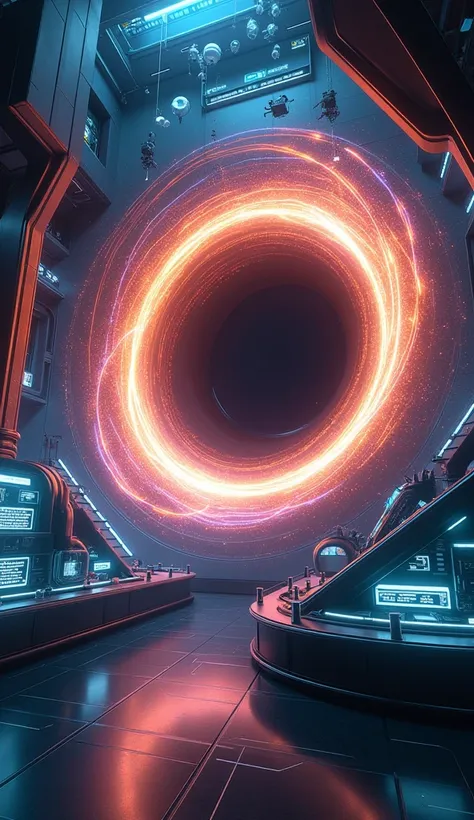 a depiction of a black hole emitting radiant energy, labeled "hawking radiation," surrounded by a futuristic scientific lab.