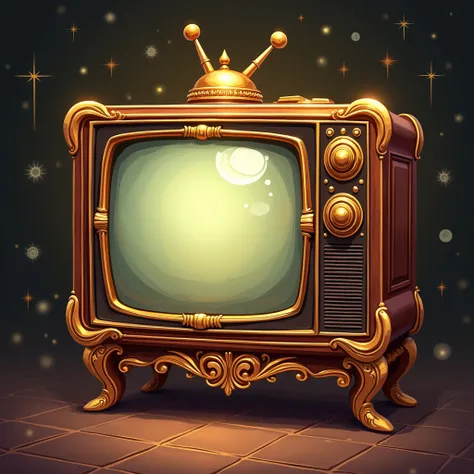 i want an illustration of a television in a magical and decorative style.  the image should have :

 a clean and symmetrical des...