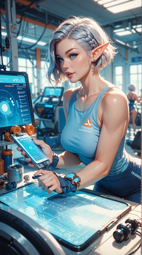 a charming,tech-savvy  [girl,short hair, silver elf hairstyle ] and energetic [ blue]  eyes, wears casual yet futuristic clothin...