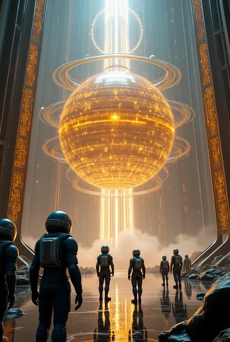 an awe-inspiring scene of a colossal alien artifact known as the catalyst. at the center, a gigantic translucent sphere floats, ...