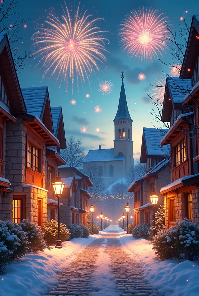 holiday card for new year 2025,no people,city bulgarian style with big text,winter,europe style, with fireworks,with church