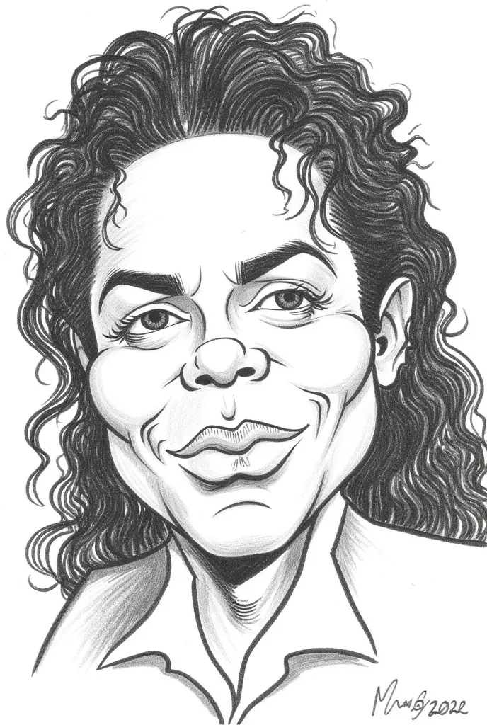 exaggerated expression caricature close up of michael jackson with long hair and exaggerated features. pensil drawing black and ...