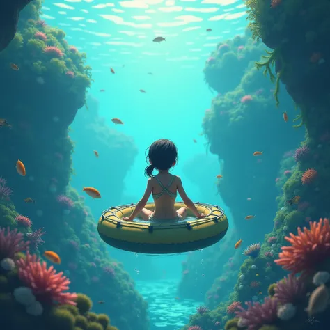 a girl in a raft in a foreign place under water