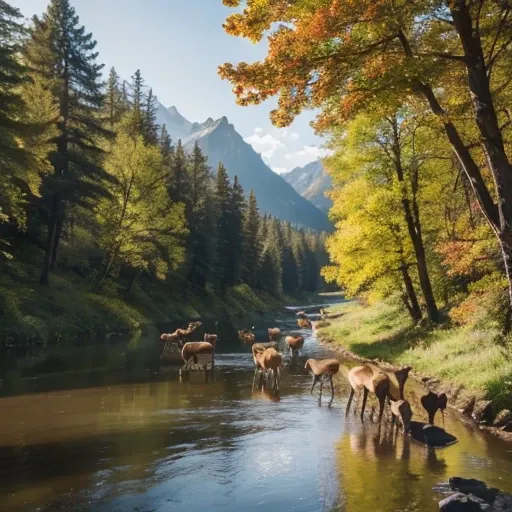 ((masterpiece)),  top quality, (8k,  top quality, masterpiece: 1.2),  ultra detail , a group of deer walking along a river in a ...