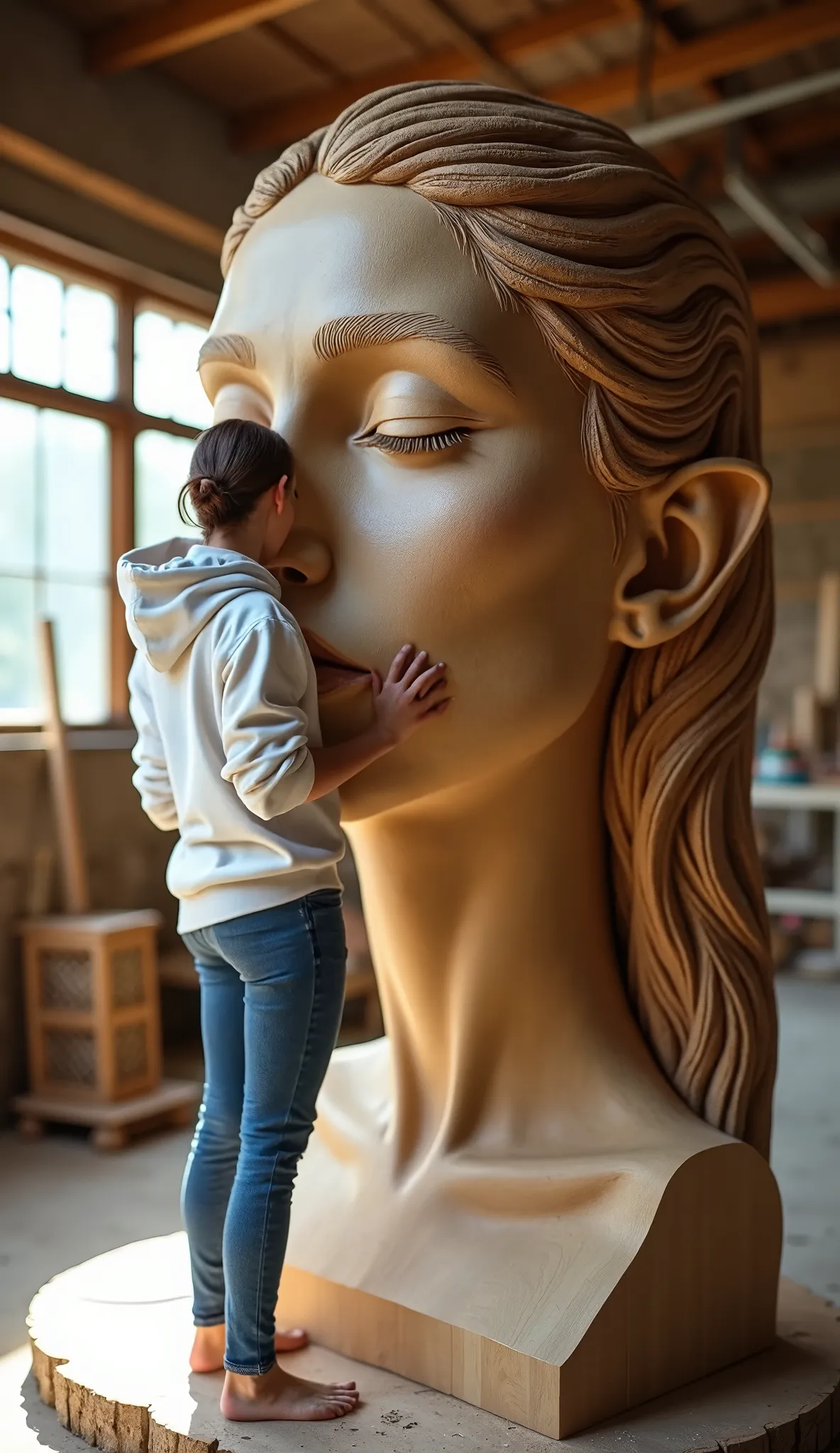 live-action、 real、 charming photography where women remake huge things ,  intricately carved wooden sculpture delicately depicti...