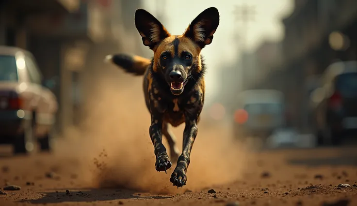 "a dramatic and cinematic image of a fierce-looking african wild dog running toward the viewer in an urban environment. the dog’...